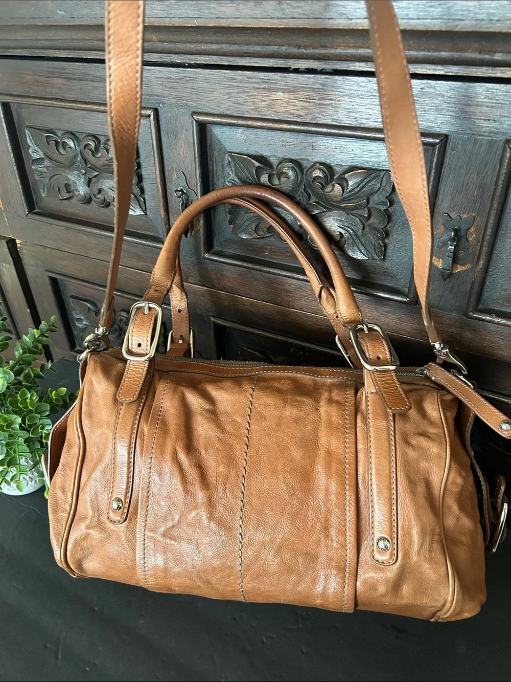 Tod's Cognac Leather Satchel with Top Handles and Crossbody Strap